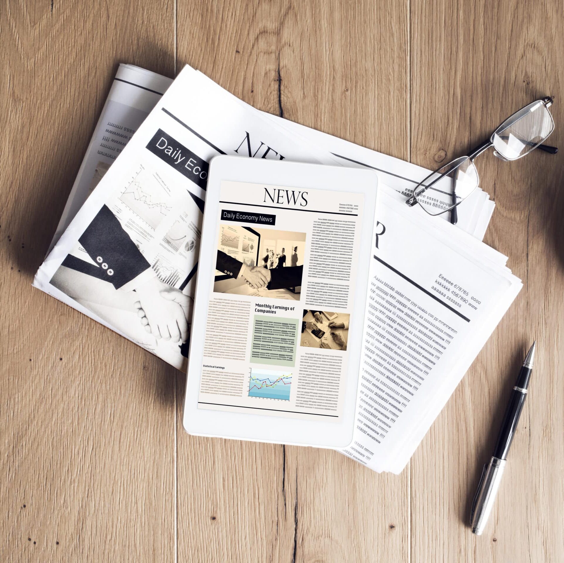 Newspaper,With,Tablet,On,Wooden,Table